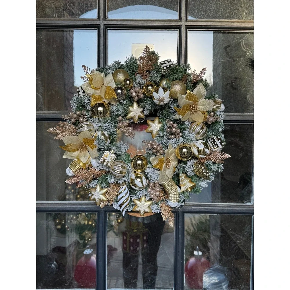 Elegant Gold Christmas Wreath Frosted Pine Poinsettia Ornaments Bells Door Decor